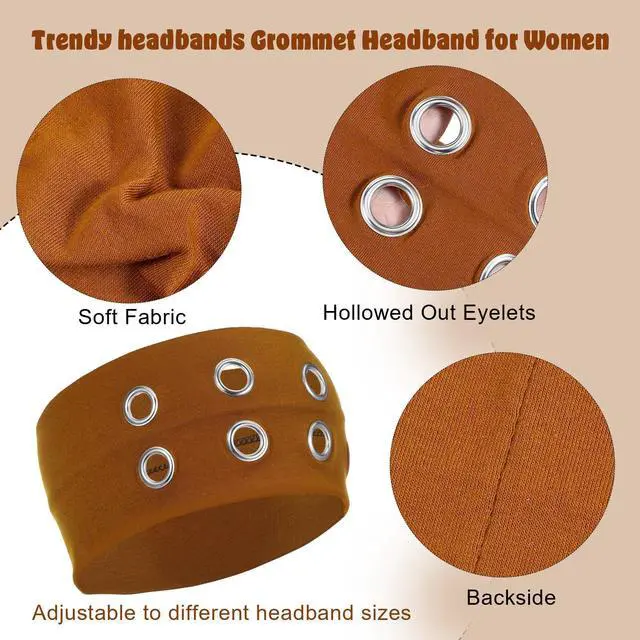 Alt view image 2 of 7 - 3 Pcs Grommet Headband for Women Girls, Hollow Out Elastic Eyelet Headband, Metal Rock Y2K Headbands, Wide Headbands Punk Rock Hair Accessories (Black Brown Light Gray)