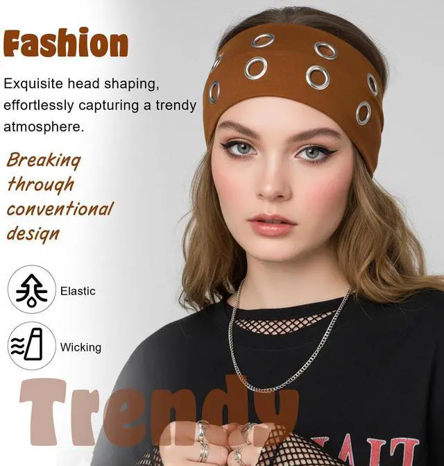 Alt view image 5 of 7 - 3 Pcs Grommet Headband for Women Girls, Hollow Out Elastic Eyelet Headband, Metal Rock Y2K Headbands, Wide Headbands Punk Rock Hair Accessories (Black Brown Light Gray)