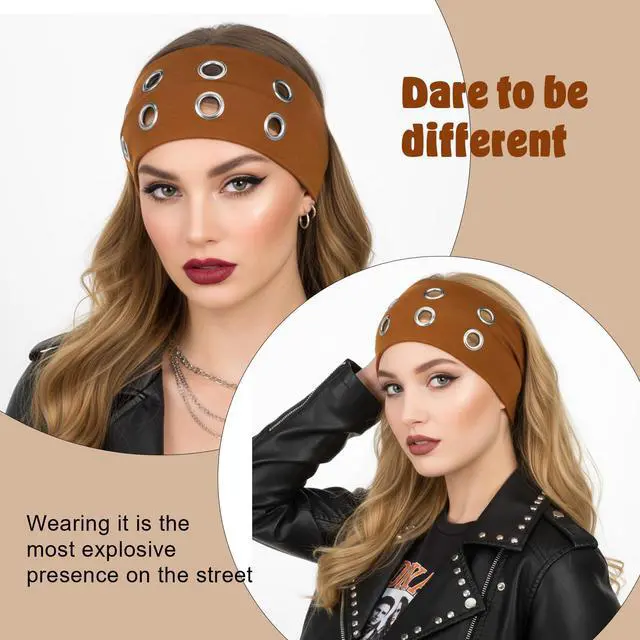 Alt view image 6 of 7 - 3 Pcs Grommet Headband for Women Girls, Hollow Out Elastic Eyelet Headband, Metal Rock Y2K Headbands, Wide Headbands Punk Rock Hair Accessories (Black Brown Light Gray)