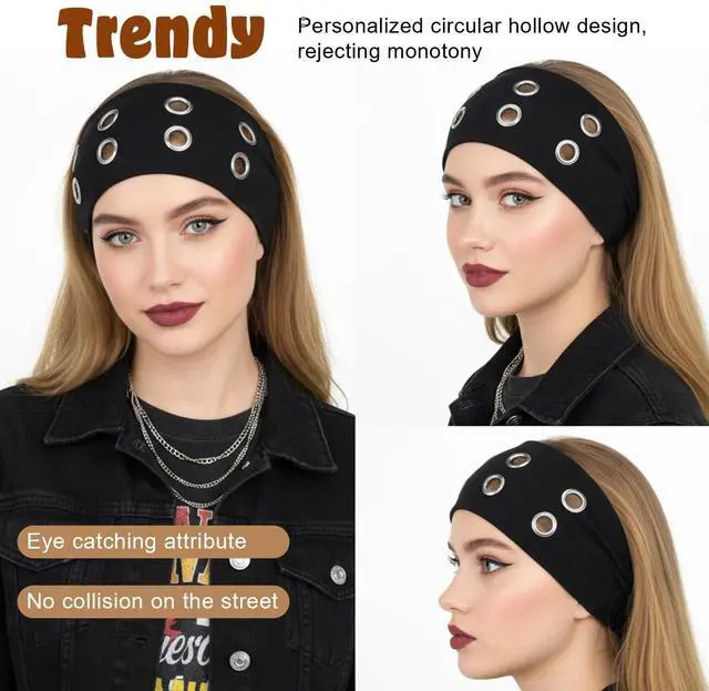 Alt view image 4 of 7 - 3 Pcs Grommet Headband for Women Girls, Hollow Out Elastic Eyelet Headband, Metal Rock Y2K Headbands, Wide Headbands Punk Rock Hair Accessories (Black Brown Light Gray)