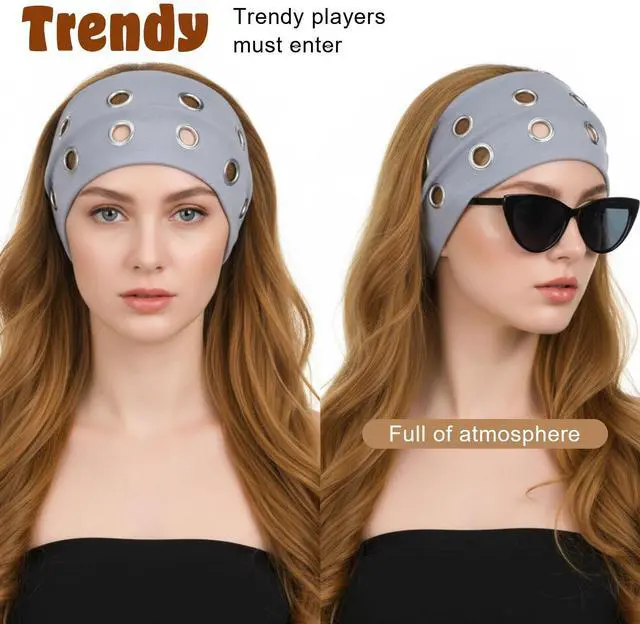 Alt view image 7 of 7 - 3 Pcs Grommet Headband for Women Girls, Hollow Out Elastic Eyelet Headband, Metal Rock Y2K Headbands, Wide Headbands Punk Rock Hair Accessories (Black Brown Light Gray)