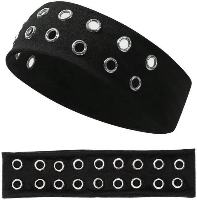 Main image of Grommet Headband,Women Hollow Out Eyelets Elastic Hairband,Punk Style Rivets Headbands,Y2K Grunge Fashion Wide Head band,Stretchy Casual Hair Accessories for Women Black