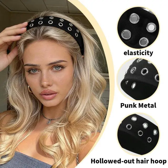 Alt view image 3 of 7 - Grommet Headband,Women Hollow Out Eyelets Elastic Hairband,Punk Style Rivets Headbands,Y2K Grunge Fashion Wide Head band,Stretchy Casual Hair Accessories for Women Black