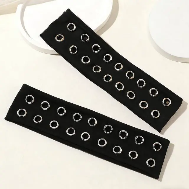 Alt view image 6 of 7 - Grommet Headband,Women Hollow Out Eyelets Elastic Hairband,Punk Style Rivets Headbands,Y2K Grunge Fashion Wide Head band,Stretchy Casual Hair Accessories for Women Black