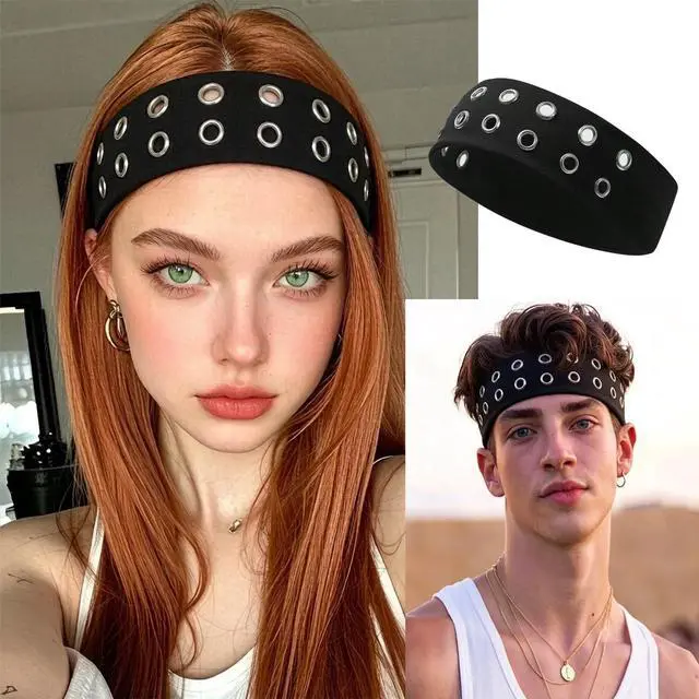 Alt view image 7 of 7 - Grommet Headband,Women Hollow Out Eyelets Elastic Hairband,Punk Style Rivets Headbands,Y2K Grunge Fashion Wide Head band,Stretchy Casual Hair Accessories for Women Black