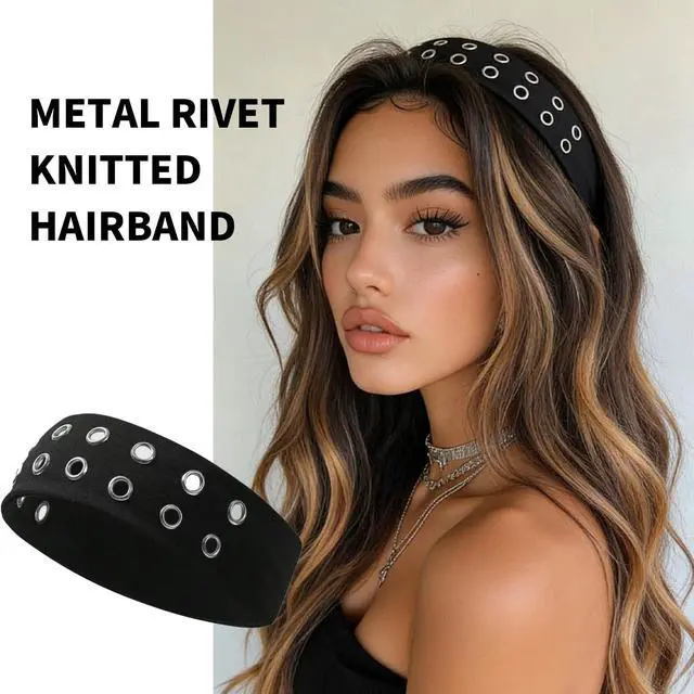 Alt view image 5 of 7 - Grommet Headband,Women Hollow Out Eyelets Elastic Hairband,Punk Style Rivets Headbands,Y2K Grunge Fashion Wide Head band,Stretchy Casual Hair Accessories for Women Black