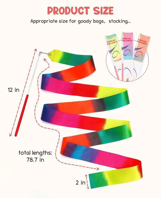 Alt view image 3 of 6 - 24 Pack Dance Ribbon Streamers,Rainbow Decorations,Goodie Bag Stuffers,Princess Party Favors,Encanto Rainbow Birthday Party Supplies,Classroom Gymnastics Wedding Ribbon