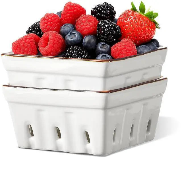 Main image of Ceramic Berry Basket Square Fruit Bowls with Holes Berry Bowl Colander Fruit Basket for Kitchen Décor - 5.8" Berry Containers for Fridge, Set of 2, Cream White