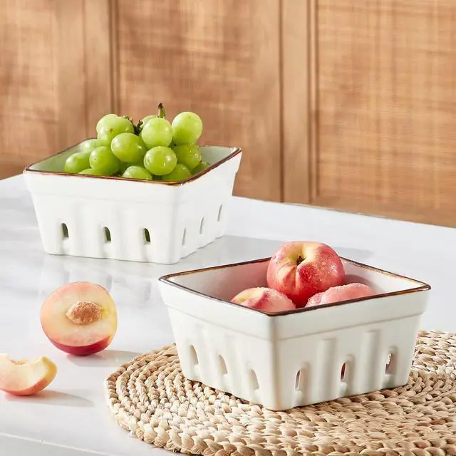 Alt view image 2 of 7 - Ceramic Berry Basket Square Fruit Bowls with Holes Berry Bowl Colander Fruit Basket for Kitchen Décor - 5.8" Berry Containers for Fridge, Set of 2, Cream White