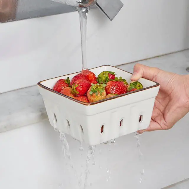 Alt view image 5 of 7 - Ceramic Berry Basket Square Fruit Bowls with Holes Berry Bowl Colander Fruit Basket for Kitchen Décor - 5.8" Berry Containers for Fridge, Set of 2, Cream White