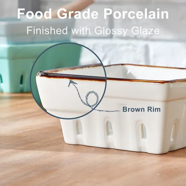 Alt view image 4 of 7 - Ceramic Berry Basket Square Fruit Bowls with Holes Berry Bowl Colander Fruit Basket for Kitchen Décor - 5.8" Berry Containers for Fridge, Set of 2, Cream White