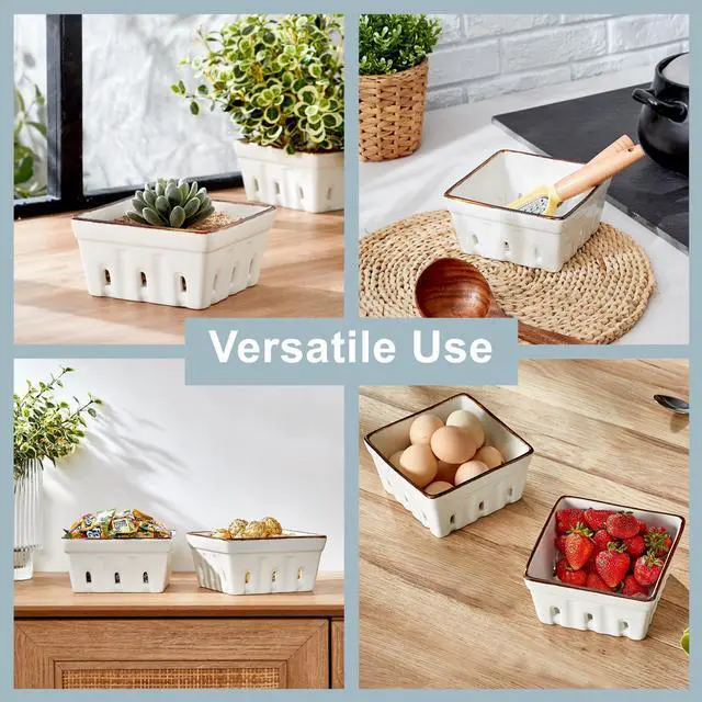 Alt view image 7 of 7 - Ceramic Berry Basket Square Fruit Bowls with Holes Berry Bowl Colander Fruit Basket for Kitchen Décor - 5.8" Berry Containers for Fridge, Set of 2, Cream White