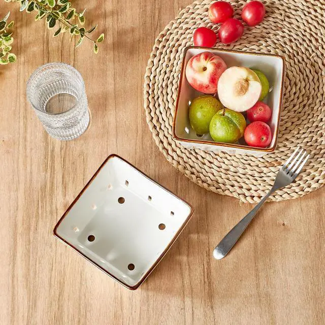 Alt view image 3 of 7 - Ceramic Berry Basket Square Fruit Bowls with Holes Berry Bowl Colander Fruit Basket for Kitchen Décor - 5.8" Berry Containers for Fridge, Set of 2, Cream White