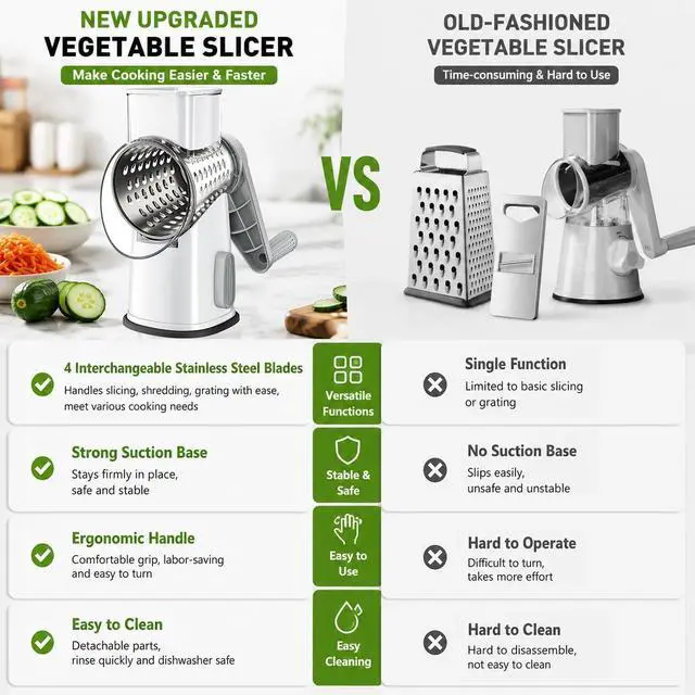 Alt view image 3 of 6 - Rotary Cheese Grater Hand Crank with 4 Interchangeable Stainless Steel Blades, Large Manual Handle Shredder and Waffle Slicer for Vegetables, Cheese and Nuts with Table Suction Base(White Grey)