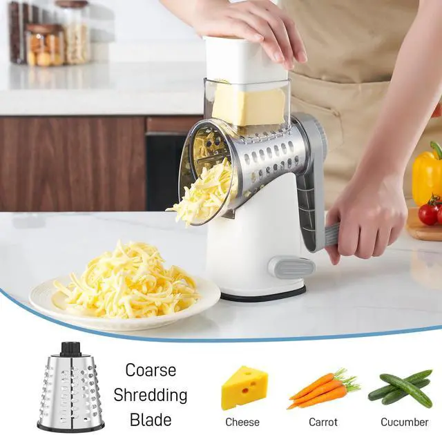 Alt view image 5 of 6 - Rotary Cheese Grater Hand Crank with 4 Interchangeable Stainless Steel Blades, Large Manual Handle Shredder and Waffle Slicer for Vegetables, Cheese and Nuts with Table Suction Base(White Grey)