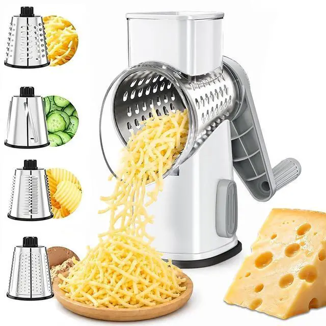 Main image of Rotary Cheese Grater Hand Crank with 4 Interchangeable Stainless Steel Blades, Large Manual Handle Shredder and Waffle Slicer for Vegetables, Cheese and Nuts with Table Suction Base(White Grey)