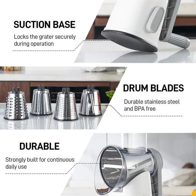 Alt view image 6 of 6 - Rotary Cheese Grater Hand Crank with 4 Interchangeable Stainless Steel Blades, Large Manual Handle Shredder and Waffle Slicer for Vegetables, Cheese and Nuts with Table Suction Base(White Grey)