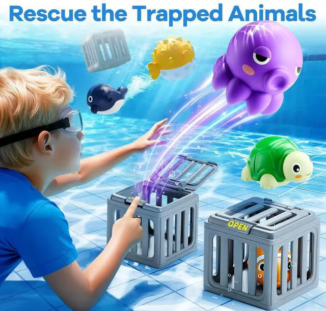 Alt view image 2 of 7 - Kids Pool Diving Toys, Water Swimming Dive Pool Game, Toddler Bath Toy Play Set W/ Fish Box Floating Animals, Fun Outdoor Beach Lake Swim Summer Party Gift 3 4 5 6 7 8 10 12 Year Old Boy Girl