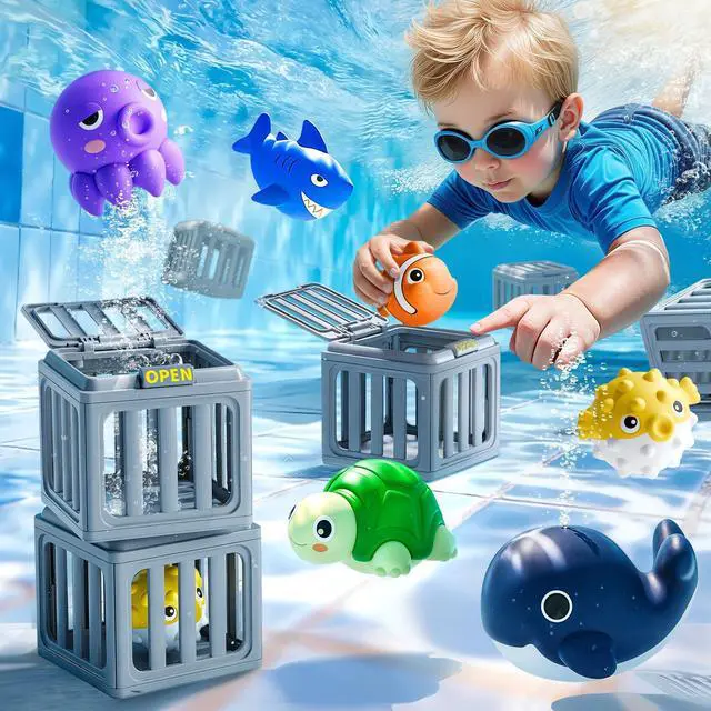 Main image of Kids Pool Diving Toys, Water Swimming Dive Pool Game, Toddler Bath Toy Play Set W/ Fish Box Floating Animals, Fun Outdoor Beach Lake Swim Summer Party Gift 3 4 5 6 7 8 10 12 Year Old Boy Girl