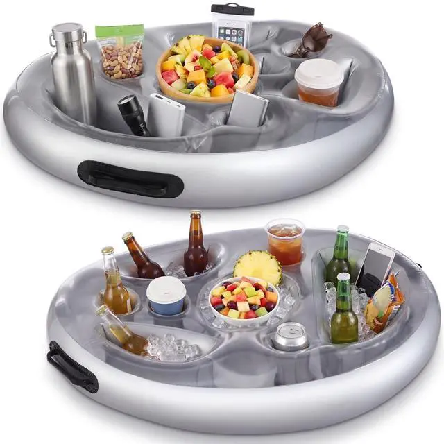 Main image of 2 Pcs Inflatable Floating Drink and Snack Holder for Pool 26.4''x20'' Party Floating Tray with Cup Slots Storage Coolers Pockets Tray for Hot Tubs Beaches Lakes