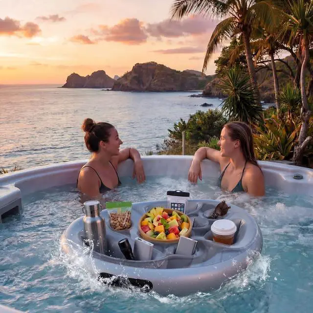 Alt view image 4 of 6 - 2 Pcs Inflatable Floating Drink and Snack Holder for Pool 26.4''x20'' Party Floating Tray with Cup Slots Storage Coolers Pockets Tray for Hot Tubs Beaches Lakes