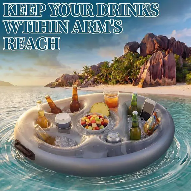 Alt view image 5 of 6 - 2 Pcs Inflatable Floating Drink and Snack Holder for Pool 26.4''x20'' Party Floating Tray with Cup Slots Storage Coolers Pockets Tray for Hot Tubs Beaches Lakes