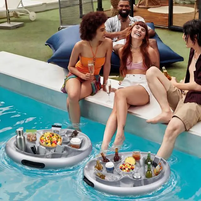 Alt view image 6 of 6 - 2 Pcs Inflatable Floating Drink and Snack Holder for Pool 26.4''x20'' Party Floating Tray with Cup Slots Storage Coolers Pockets Tray for Hot Tubs Beaches Lakes