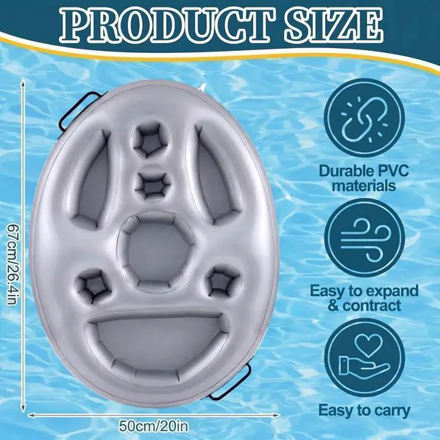 Alt view image 2 of 6 - 2 Pcs Inflatable Floating Drink and Snack Holder for Pool 26.4''x20'' Party Floating Tray with Cup Slots Storage Coolers Pockets Tray for Hot Tubs Beaches Lakes
