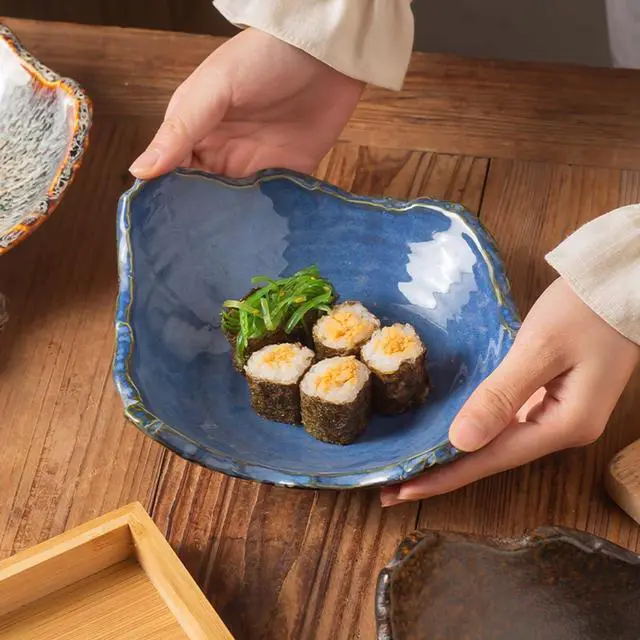 Alt view image 4 of 6 - 8" Small Ceramic Decorative Bowl 1 Pice Irregular Rim Reactive Glaze Candy Bowl, Berry Bowl, Entryway Catchall, Japanese Style Fruit Dish for Tabletop or Home Decor (Blue)