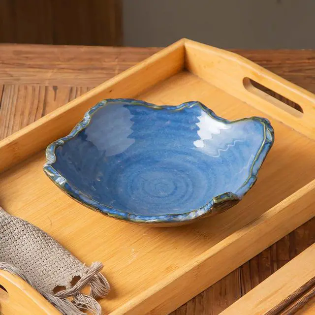 Alt view image 5 of 6 - 8" Small Ceramic Decorative Bowl 1 Pice Irregular Rim Reactive Glaze Candy Bowl, Berry Bowl, Entryway Catchall, Japanese Style Fruit Dish for Tabletop or Home Decor (Blue)