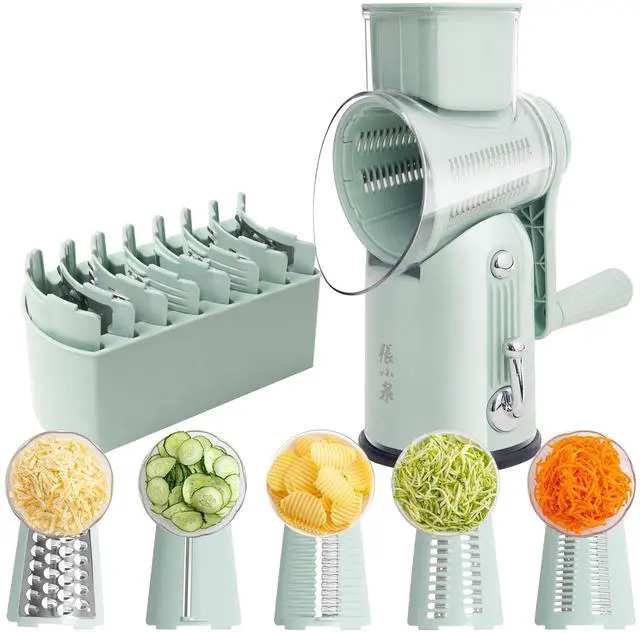 Main image of Rotary Cheese Grater Manual Hand Crank with 5 Blades & Suction Base, Kitchen Vegetable Shredder Slicer for Veggie, Nuts, Fruit, Green