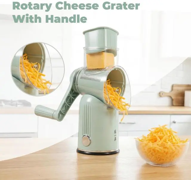 Alt view image 2 of 7 - Rotary Cheese Grater Manual Hand Crank with 5 Blades & Suction Base, Kitchen Vegetable Shredder Slicer for Veggie, Nuts, Fruit, Green