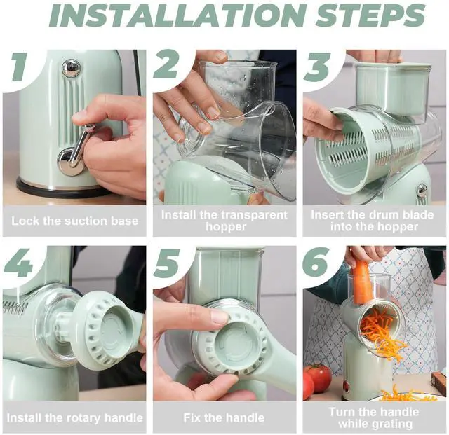 Alt view image 3 of 7 - Rotary Cheese Grater Manual Hand Crank with 5 Blades & Suction Base, Kitchen Vegetable Shredder Slicer for Veggie, Nuts, Fruit, Green
