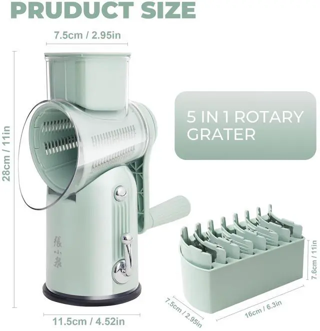 Alt view image 4 of 7 - Rotary Cheese Grater Manual Hand Crank with 5 Blades & Suction Base, Kitchen Vegetable Shredder Slicer for Veggie, Nuts, Fruit, Green