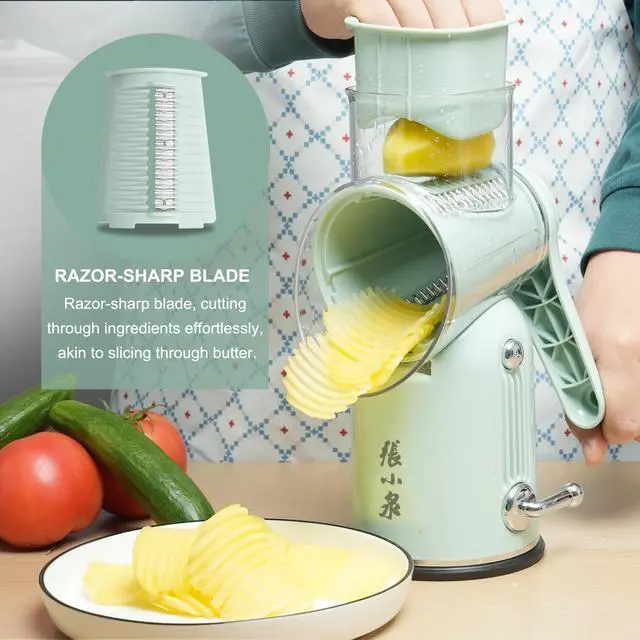 Alt view image 5 of 7 - Rotary Cheese Grater Manual Hand Crank with 5 Blades & Suction Base, Kitchen Vegetable Shredder Slicer for Veggie, Nuts, Fruit, Green