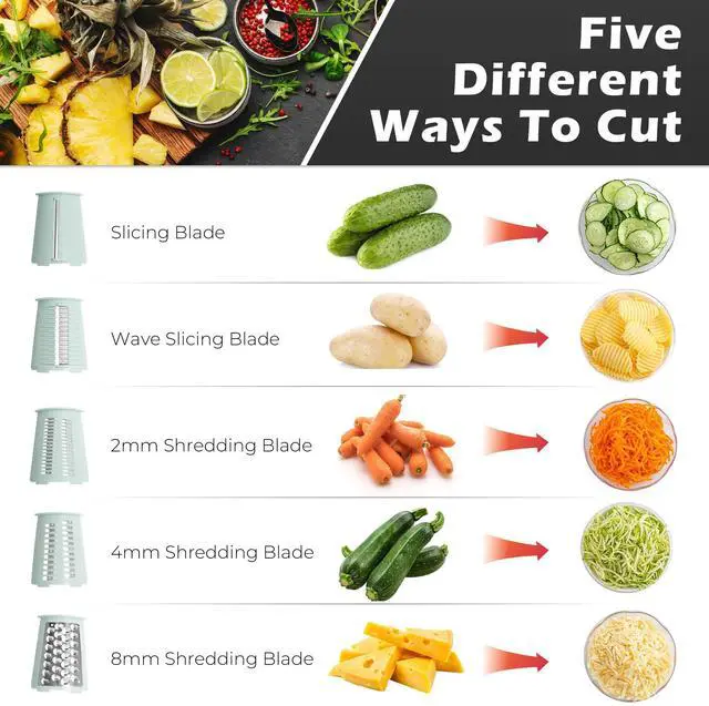 Alt view image 6 of 7 - Rotary Cheese Grater Manual Hand Crank with 5 Blades & Suction Base, Kitchen Vegetable Shredder Slicer for Veggie, Nuts, Fruit, Green