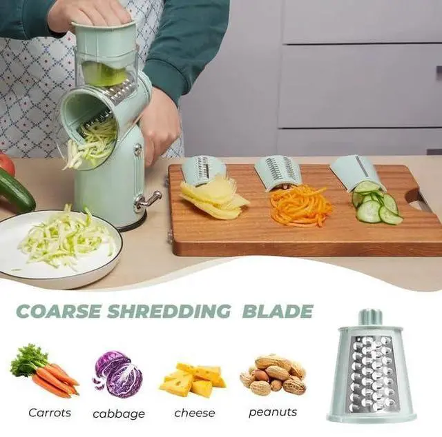 Alt view image 7 of 7 - Rotary Cheese Grater Manual Hand Crank with 5 Blades & Suction Base, Kitchen Vegetable Shredder Slicer for Veggie, Nuts, Fruit, Green