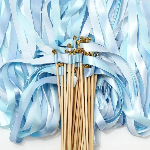 Main image of 40 Pcs Wedding Ribbon Sticks with Bells Dusty Blue Streamers Fairy Stick Wands Ribbon Tassel Wands for Baby Shower Send Off Party Activities Holiday Celebration Supplies