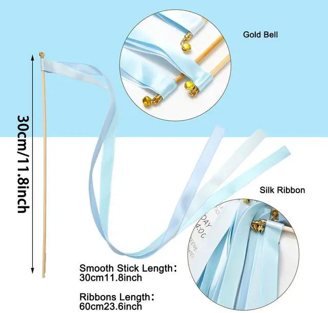 Alt view image 2 of 7 - 40 Pcs Wedding Ribbon Sticks with Bells Dusty Blue Streamers Fairy Stick Wands Ribbon Tassel Wands for Baby Shower Send Off Party Activities Holiday Celebration Supplies