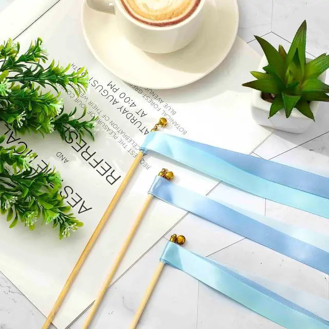 Alt view image 3 of 7 - 40 Pcs Wedding Ribbon Sticks with Bells Dusty Blue Streamers Fairy Stick Wands Ribbon Tassel Wands for Baby Shower Send Off Party Activities Holiday Celebration Supplies