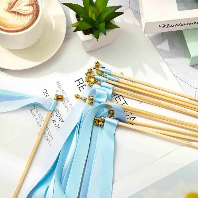 Alt view image 4 of 7 - 40 Pcs Wedding Ribbon Sticks with Bells Dusty Blue Streamers Fairy Stick Wands Ribbon Tassel Wands for Baby Shower Send Off Party Activities Holiday Celebration Supplies