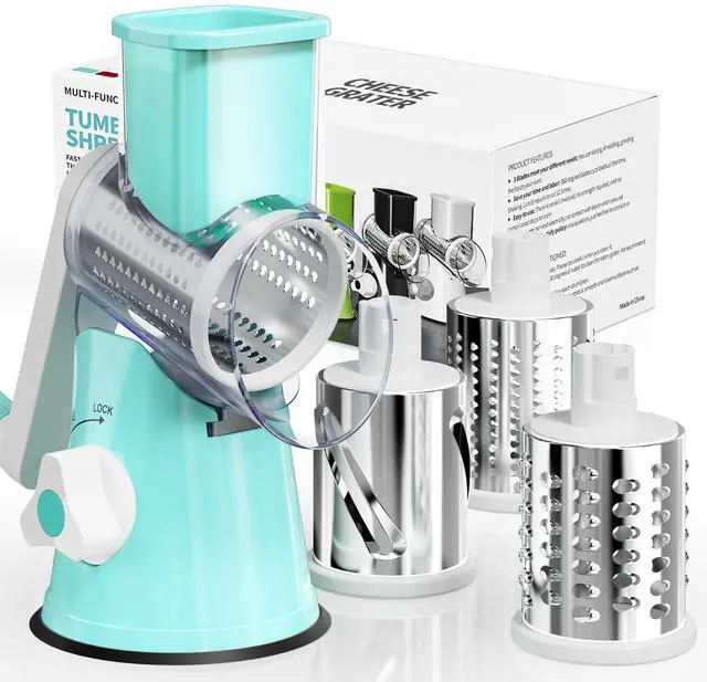 Main image of Cheese Grater Hand Crank, Rotary Cheese Shredder with 3 Interchangeable Blades for Coarse, Fine Shredding and Slicing, Strong Suction Base for Pizza, Pasta, Salad, Vegetables, Nuts, Chocolate