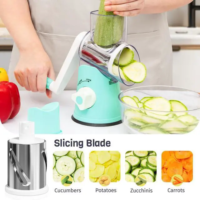 Alt view image 3 of 7 - Cheese Grater Hand Crank, Rotary Cheese Shredder with 3 Interchangeable Blades for Coarse, Fine Shredding and Slicing, Strong Suction Base for Pizza, Pasta, Salad, Vegetables, Nuts, Chocolate