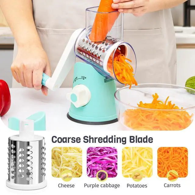Alt view image 4 of 7 - Cheese Grater Hand Crank, Rotary Cheese Shredder with 3 Interchangeable Blades for Coarse, Fine Shredding and Slicing, Strong Suction Base for Pizza, Pasta, Salad, Vegetables, Nuts, Chocolate
