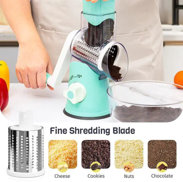 Alt view image 5 of 7 - Cheese Grater Hand Crank, Rotary Cheese Shredder with 3 Interchangeable Blades for Coarse, Fine Shredding and Slicing, Strong Suction Base for Pizza, Pasta, Salad, Vegetables, Nuts, Chocolate