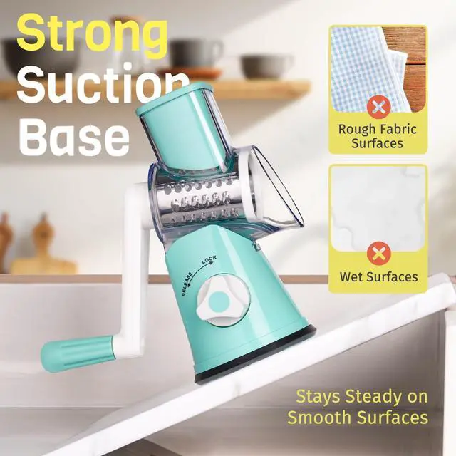 Alt view image 6 of 7 - Cheese Grater Hand Crank, Rotary Cheese Shredder with 3 Interchangeable Blades for Coarse, Fine Shredding and Slicing, Strong Suction Base for Pizza, Pasta, Salad, Vegetables, Nuts, Chocolate