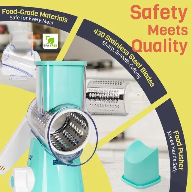 Alt view image 7 of 7 - Cheese Grater Hand Crank, Rotary Cheese Shredder with 3 Interchangeable Blades for Coarse, Fine Shredding and Slicing, Strong Suction Base for Pizza, Pasta, Salad, Vegetables, Nuts, Chocolate