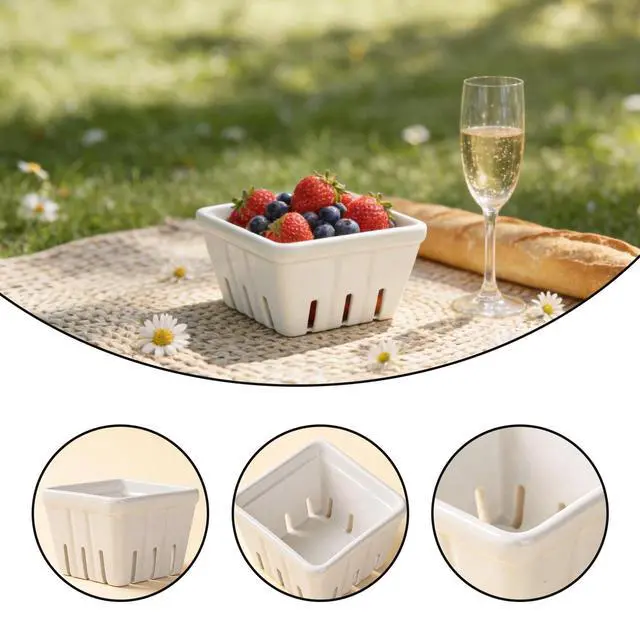 Alt view image 3 of 6 - Set of 2 Ceramic Berry Basket, Square Ceramic Fruit Bowl with Holes, Glass Fruit Bowl Alternative for Kitchen Counter,Ideal for Strawberry Grape Cherry Gray-White,4 Inch