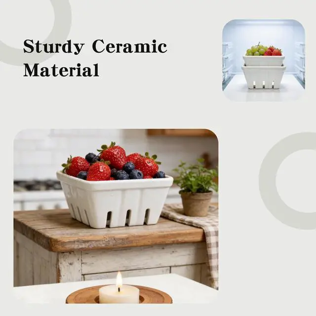 Alt view image 4 of 6 - Set of 2 Ceramic Berry Basket, Square Ceramic Fruit Bowl with Holes, Glass Fruit Bowl Alternative for Kitchen Counter,Ideal for Strawberry Grape Cherry Gray-White,4 Inch