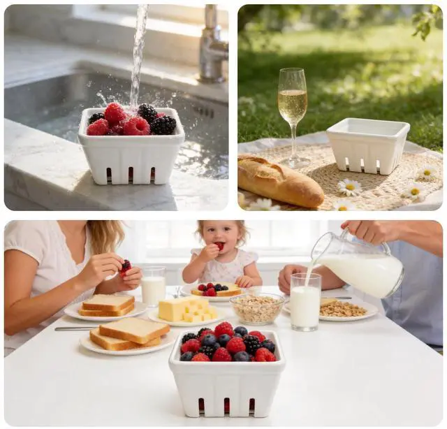 Alt view image 6 of 6 - Set of 2 Ceramic Berry Basket, Square Ceramic Fruit Bowl with Holes, Glass Fruit Bowl Alternative for Kitchen Counter,Ideal for Strawberry Grape Cherry Gray-White,4 Inch